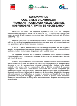 CORONAVIRUS CGIL,  CISL  E  UIL ABRUZZO