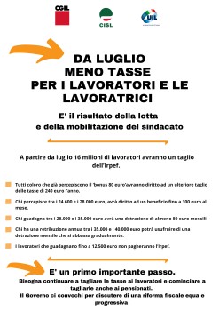 DA LUGLIO MENO TASSE PER I LAVORATORI E LE LAVORATRICI